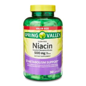 Spring Valley Niacin Metabolism Support Dietary Supplement Capsules, 500 mg, 240 Count