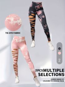 2 Pack Hollow Sexy High Elastic Women's Tie Dye Cutout Tights High Waist Workout Yoga Leggings, Scrunch Butt Lifting Elastic Pants, Tummy Control Butt (Option: 2PACK3-L)