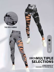 2 Pack Hollow Sexy High Elastic Women's Tie Dye Cutout Tights High Waist Workout Yoga Leggings, Scrunch Butt Lifting Elastic Pants, Tummy Control Butt (Option: 2PACK4-L)