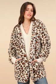 VERY J Fuzzy Leopard Long Sleeve Hooded Jacket (Option: Ivory Leopard-S)