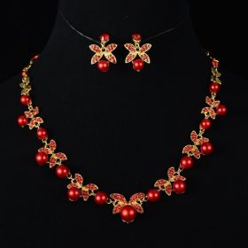 Korean bride pearl Clover Necklace Earrings Set Wedding jewelry accessories factory (Option: Red-Ear clip)