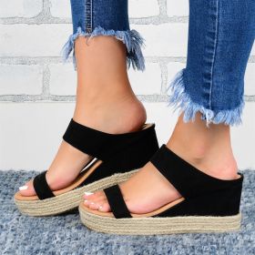 Wedge Heel Slippers Casual Sandals Hemp High Wedge Heel Shoes (Option: Black-41)