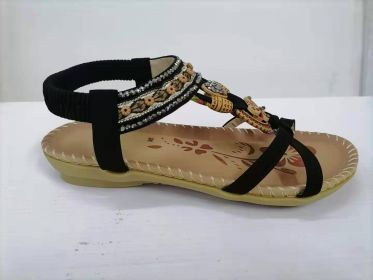 Large Size Flat Sandals Flower Rhinestone Sandals Beach Shoes (Option: Black-35)