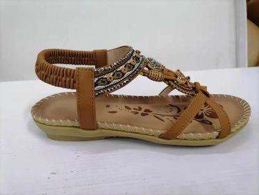 Large Size Flat Sandals Flower Rhinestone Sandals Beach Shoes (Option: Brown-35)