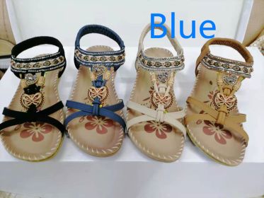 Large Size Flat Sandals Flower Rhinestone Sandals Beach Shoes (Option: Royal Blue-35)