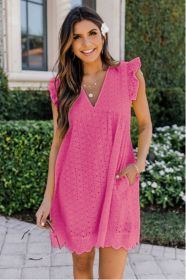 Lace Dresses With Pocket Summer Sleeveless Jacquard Cutout V-Neck Beach Dress (Option: Rose Red-2XL)