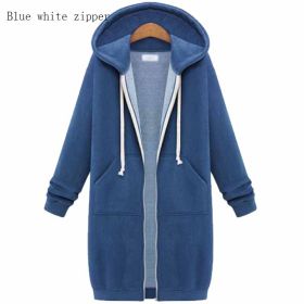 Hooded Long Sleeve Sweater Fleece Long Jacket (Option: Blue white zipper-S)