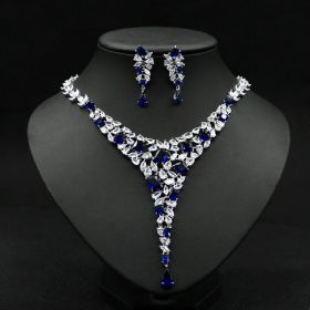 Colorful Zircon Necklace Set Wedding Dress Wedding Earring Accessories (Color: Blue)