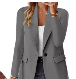 Polyester Autumn Long Sleeve Solid Color Cardigan Small Suit Jacket For Women (Option: Grey-Xl)