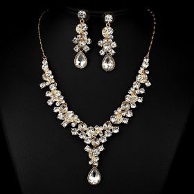 Western Wedding Photography Wedding Bride Necklace Earrings Simple Two Piece Suite Imported Transparent Diamond Jewelry (Color: Gold)