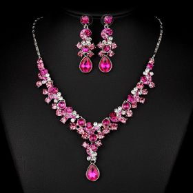 Western Wedding Photography Wedding Bride Necklace Earrings Simple Two Piece Suite Imported Transparent Diamond Jewelry (Color: Pink)