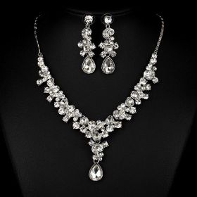 Western Wedding Photography Wedding Bride Necklace Earrings Simple Two Piece Suite Imported Transparent Diamond Jewelry (Color: White)