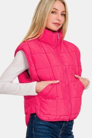 Zenana Zip Up Cropped Puffer Vest With Pockets (Option: Hot Pink-S)