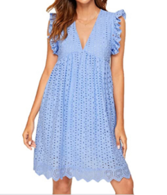 Lace Dresses With Pocket Summer Sleeveless Jacquard Cutout V-Neck Beach Dress (Option: Light Blue-3XL)