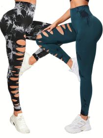 2 Pack Hollow Sexy High Elastic Women's Tie Dye Cutout Tights High Waist Workout Yoga Leggings, Scrunch Butt Lifting Elastic Pants, Tummy Control Butt (Option: 2PACK12-S)