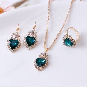 Water drop rhinestone necklace earrings ring set (Option: Heart Green)