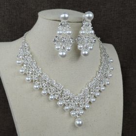 White pearl necklace diamond suit bride wedding accessories hair earrings set 0284 (Option: Earrings)