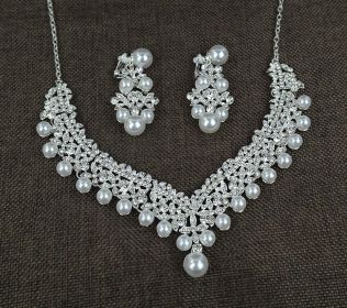 White pearl necklace diamond suit bride wedding accessories hair earrings set 0284 (Option: Ear Clip)