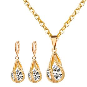 S163 Korean simple zircon jewelry set Silver Drop Necklace Earrings set new bride wedding (Color: Gold)