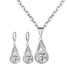 S163 Korean simple zircon jewelry set Silver Drop Necklace Earrings set new bride wedding (Color: Silver)