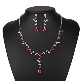 Cross border explosion leaves, bridal ornaments, zircon water drop earrings, necklace sets, wedding dresses, fashion ladies (Color: Red)