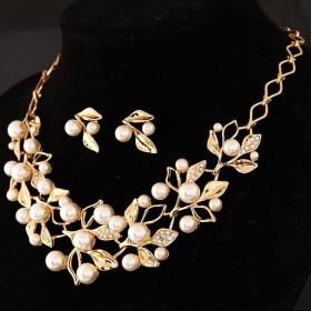 Two-Piece Set Of Pearl Four-Leaf Clover Necklace Jewelry Accessories Earrings (Color: Gold)