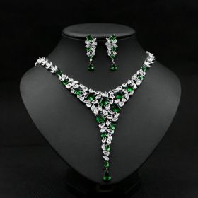 Colorful Zircon Necklace Set Wedding Dress Wedding Earring Accessories (Color: Green)