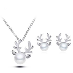 Europe and the United States foreign trade Pearl Necklace Earrings Set Diamond Wedding Jewelry Necklace Set bride antlers (Color: Silver)