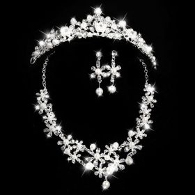 Bridal headdress, three sets of crystal flower necklace, diamond earrings, European and American Wind crown, wedding jewelry (Option: 3 pieces)