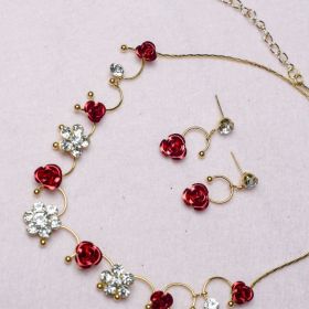 New Korean bridal jewelry necklace, earring, red rose necklace set, Wedding Toasting dress, accessories (Option: Earrings)