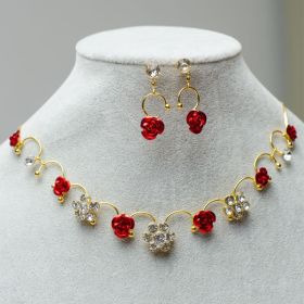 New Korean bridal jewelry necklace, earring, red rose necklace set, Wedding Toasting dress, accessories (Option: Ear Clip)