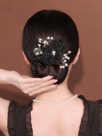 Starry Sky Flower Style Updo Topknot Hair Clip Black Exquisite Headdress (Color: Black)