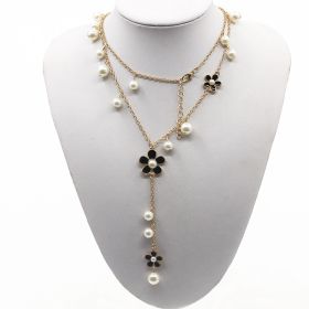 Flower Five Petal Pearl Sweater Chain (Color: Black)