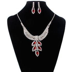 Bridal Jewelry three sets of Korean Wedding Necklace, earring set, Rhinestone Wedding dress accessories, wedding jewelry wholesale (Color: Red)