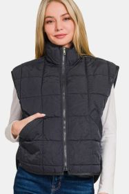 Zenana Zip Up Cropped Puffer Vest With Pockets (Option: Black-S)