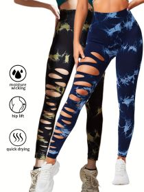 2 Pack Hollow Sexy High Elastic Women's Tie Dye Cutout Tights High Waist Workout Yoga Leggings, Scrunch Butt Lifting Elastic Pants, Tummy Control Butt (Option: 2PACK13-S)