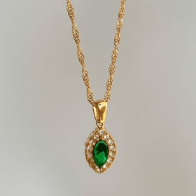 Olive Shaped Horse Eye Zircon Full Drill Titanium Steel Necklace (Color: Green)