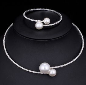 The bride wedding accessories crystal pearl diamond drill collar Necklace Bracelet Adjustable two piece suit (Option: Silver-2 pieces)