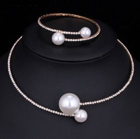 The bride wedding accessories crystal pearl diamond drill collar Necklace Bracelet Adjustable two piece suit (Option: Gold-2 pieces)