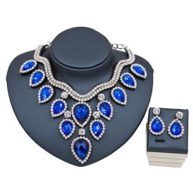 Fast Selling Explosion, Middle East, Europe And America, Colorful Exaggerated Bride Necklace, Earring Set, Cross Border High Quality Goods Supply (Option: Silver and Royal blue)