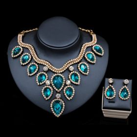 Fast Selling Explosion, Middle East, Europe And America, Colorful Exaggerated Bride Necklace, Earring Set, Cross Border High Quality Goods Supply (Option: Gold and peacock blue)