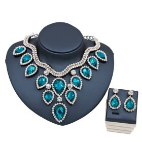 Fast Selling Explosion, Middle East, Europe And America, Colorful Exaggerated Bride Necklace, Earring Set, Cross Border High Quality Goods Supply (Option: Silver and peacock blue)