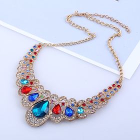 American jewelry fashion temperament Metal Necklace Earrings Set gem diamond drop bride accessories (Option: Color)