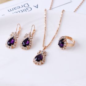 Water drop rhinestone necklace earrings ring set (Option: Dark purple)