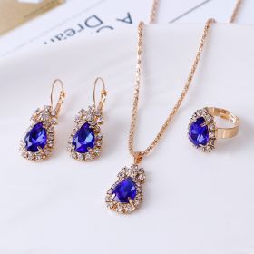 Water drop rhinestone necklace earrings ring set (Option: Royal blue)