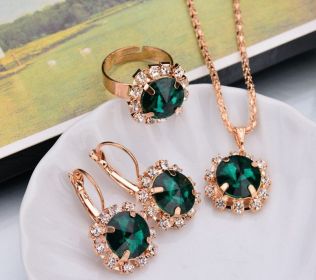 Europe and America fashion round crystal necklace earrings ring set hot jewelry jewelry wholesale jewelry wholesale (Color: Green)