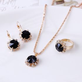 Europe and America fashion round crystal necklace earrings ring set hot jewelry jewelry wholesale jewelry wholesale (Color: Black)