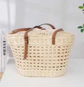 Large Capacity Fashion Urban Simple White Khaki Straw Braided Bag (Option: White-Drawstring style)