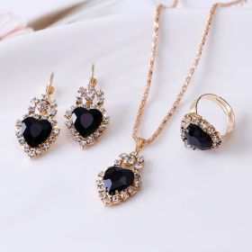 Water drop rhinestone necklace earrings ring set (Option: Heart balck)