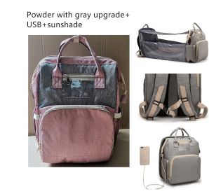 USB Charging Version Mommy Bed Backpack Folding Large Capacity Multi-function (Option: Pink grey B)